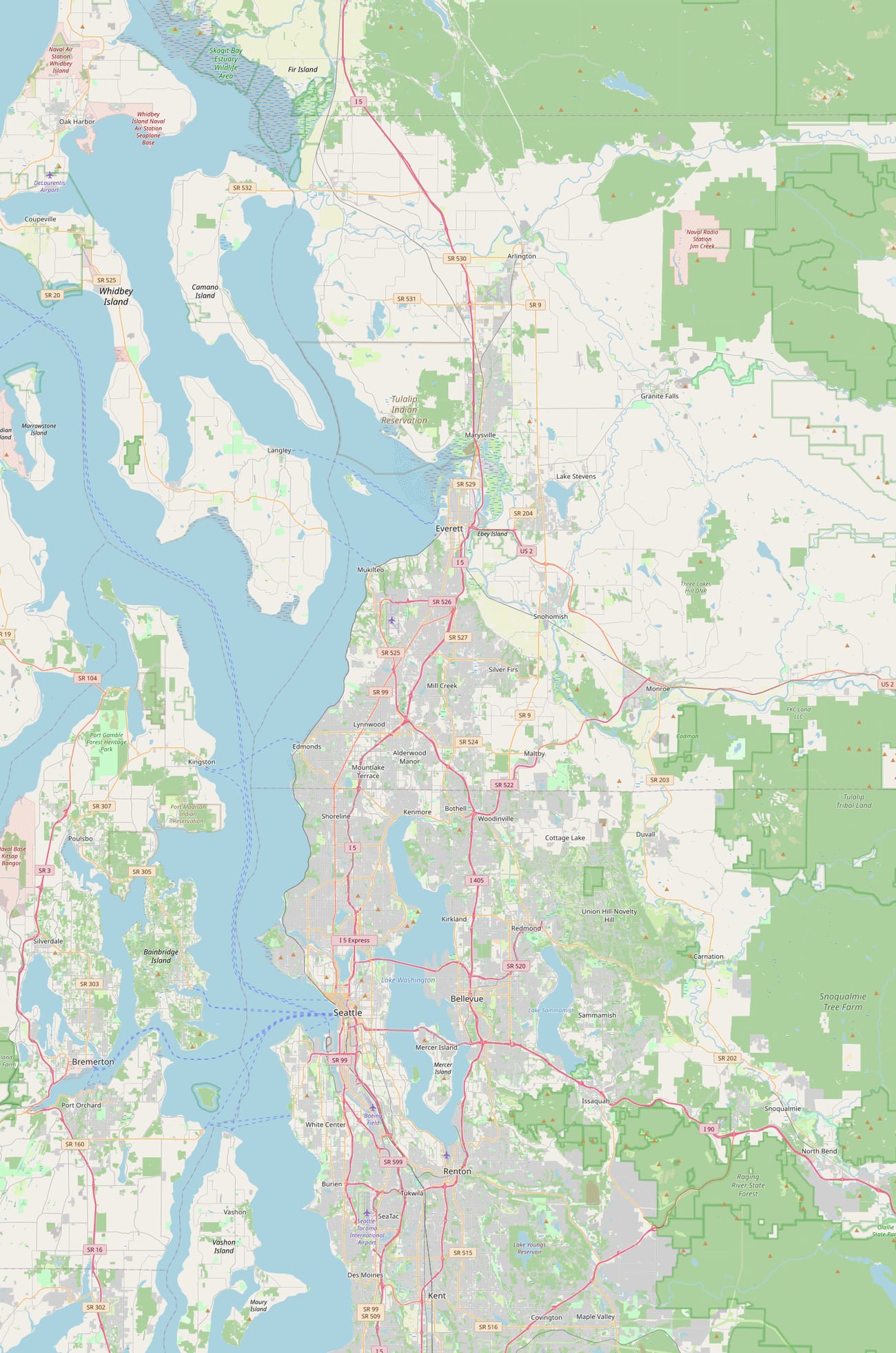 Map of the Puget Sound region showing the Precision Tile & Grout service area, a roughly 25 mile radius around Bothell covering Snohomish and King County from Arlington to Renton.